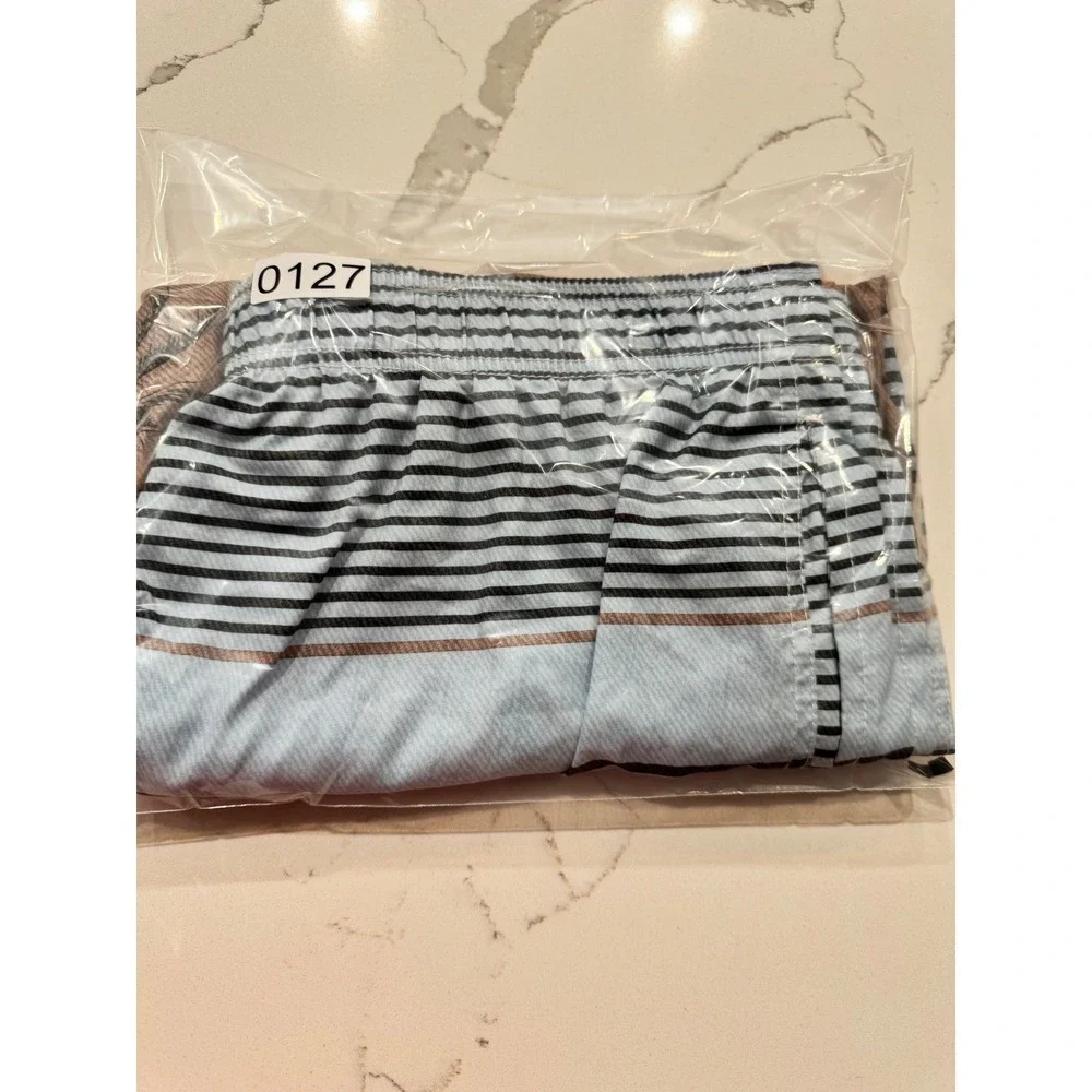 Men's Blue and Brown Floral Stripe Swim Trunks